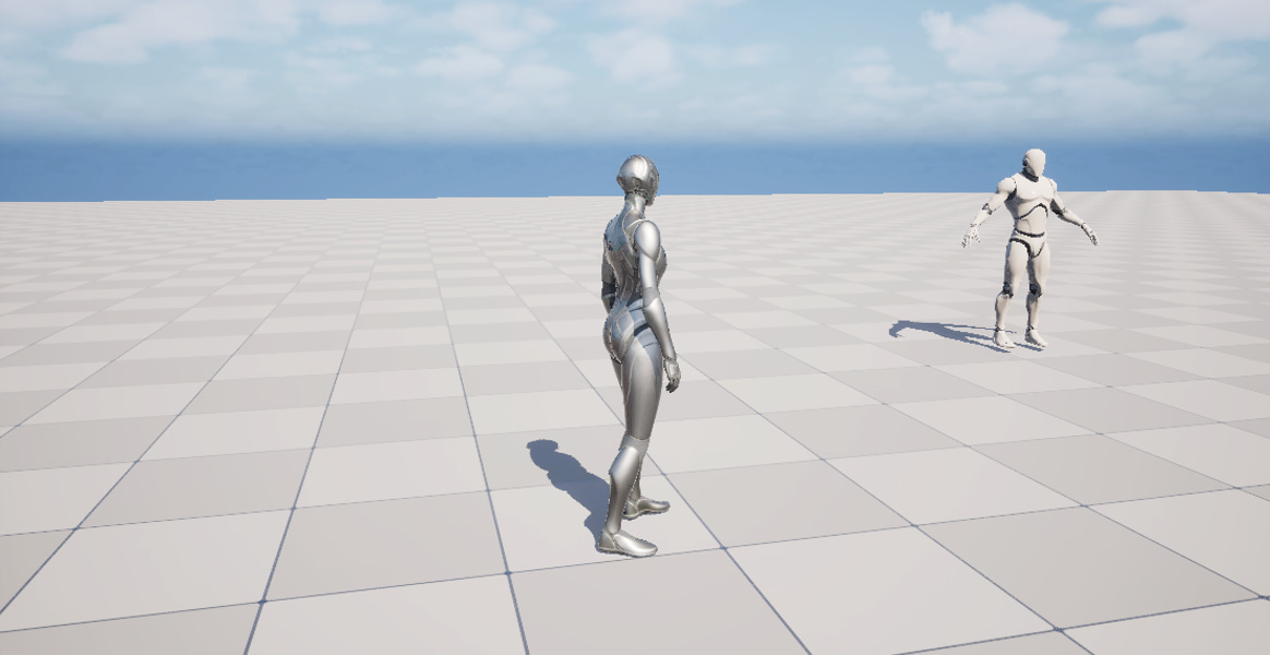 Several humanoid debug models on a test plane.
