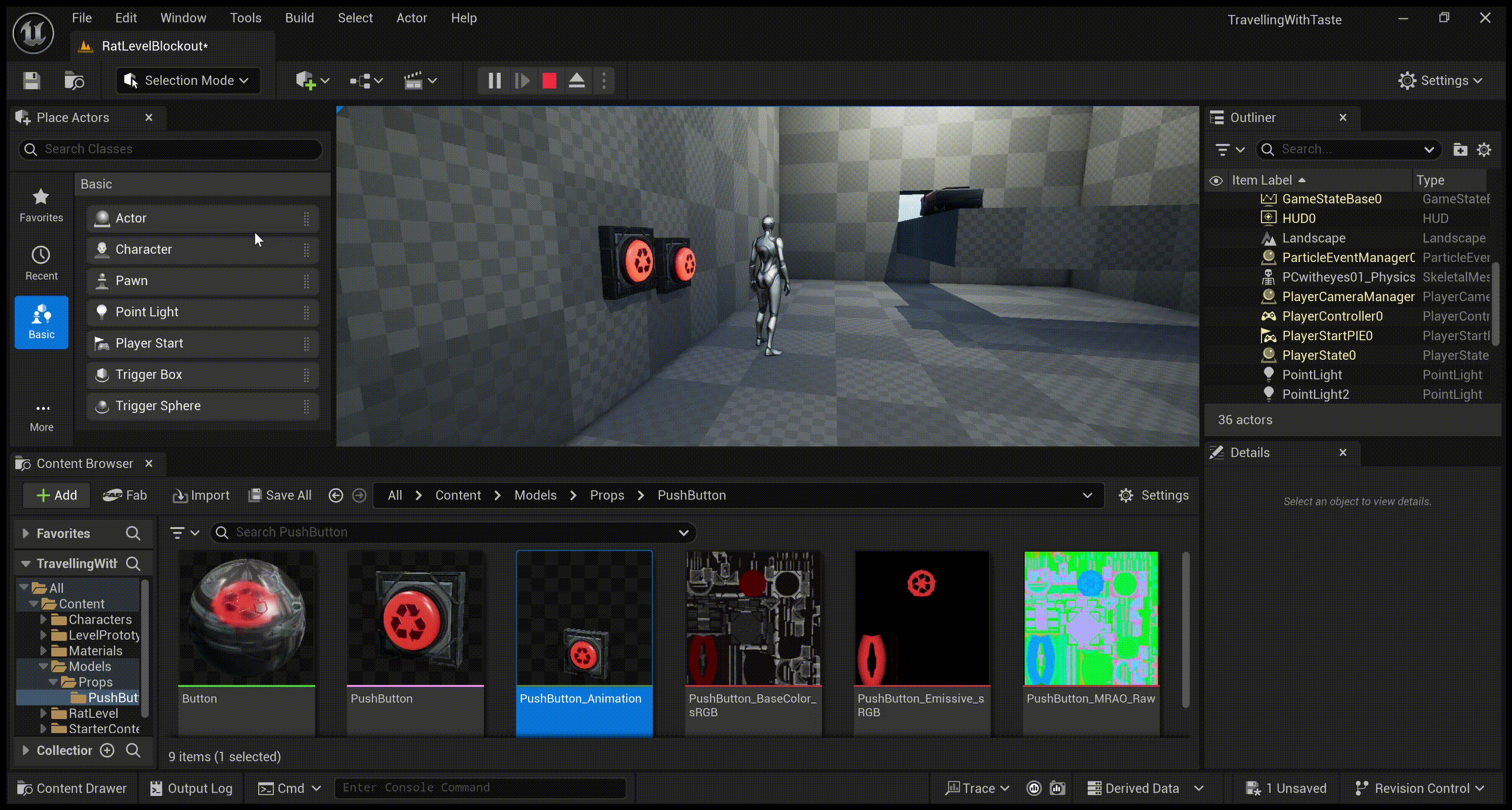A development scene displaying the newest button model and its press animation.